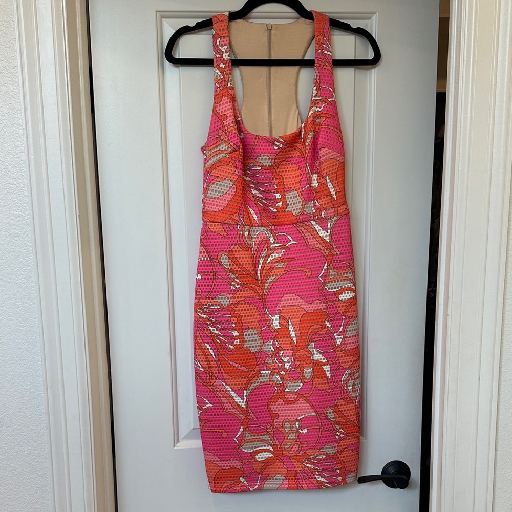 Trina Turk Pink and Orange Floral Midi Sheath Dress